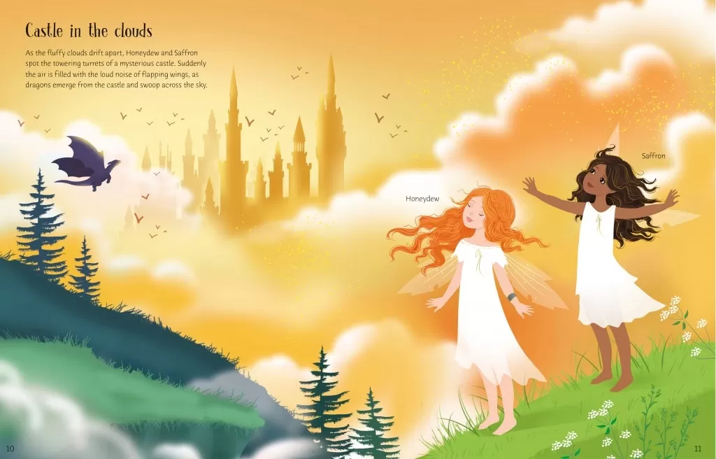 Two undressed Sticker Dolly characters Honeydew and Saffron are seen on a mountain stoop looking over to a faraway castle, its turrets towering over the clouds. You can also see a dragon in the distance.